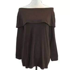 Chico's Travelers Top Size 2 L Off The Shoulder Top Fold Over Neckline Brown